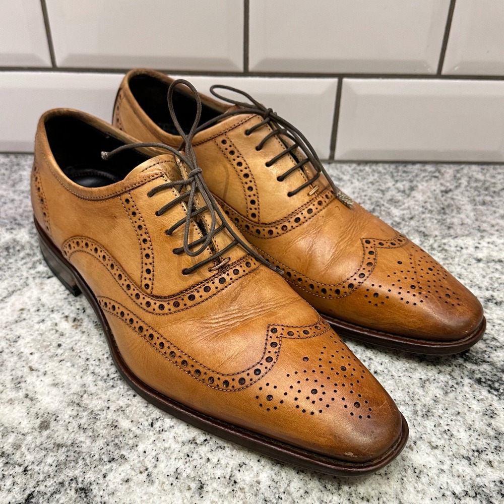 John W. Nordstrom Mens 9 Wingtip Oxford Tan Leather Brogue Made in Italy 8601